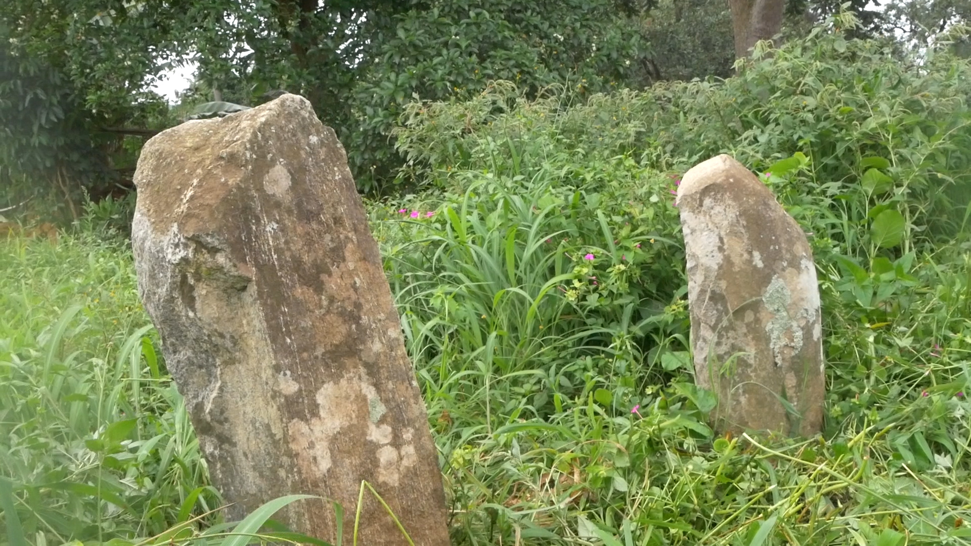 Pair of standing stones near a shrine or ceremonial site